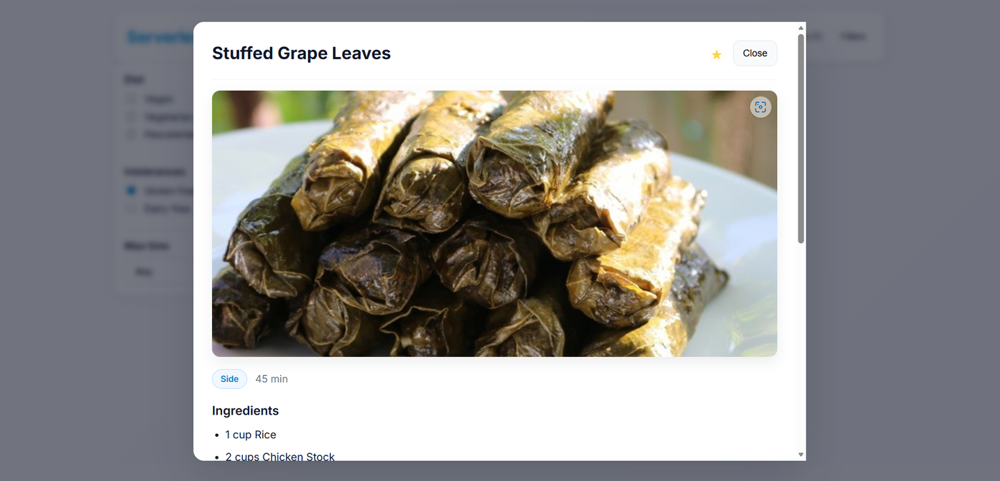Recipe Modal with Ingredients